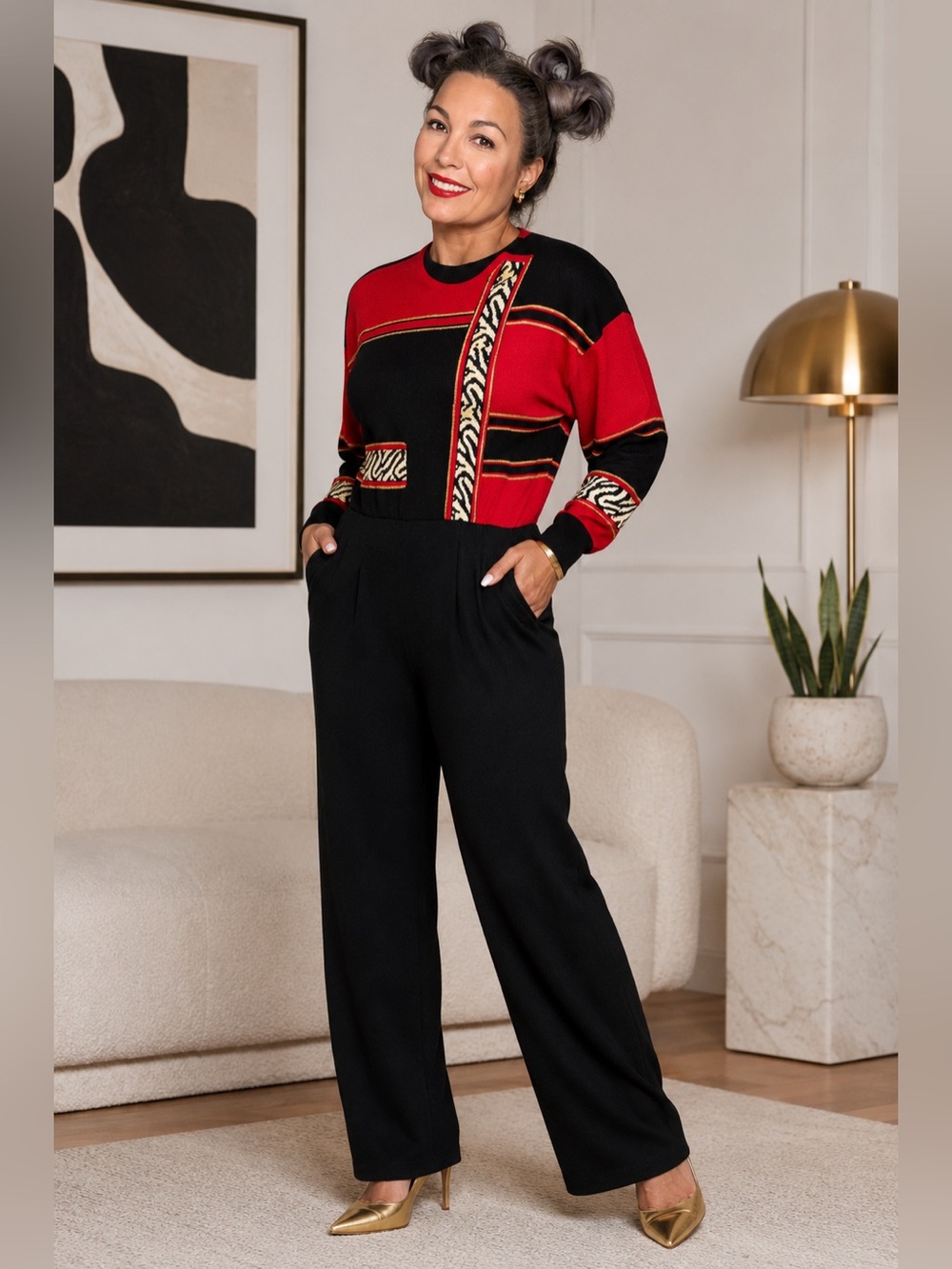 Antonella Preve Red & Black Knit Jumpsuit With Gold Accents & Zebra Pattern Sz L